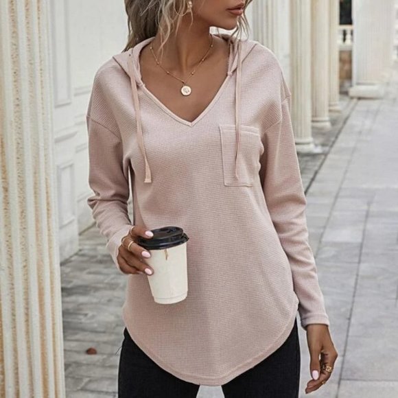 Comfy Curved Hem  Drop Shoulder Drawstring Hoodie Top light apricot blush - Picture 2 of 8